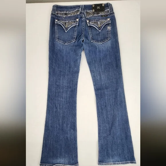 Miss Me Medium Wash Boot Cut Denim Jeans  Black lace And Jewel Embellishments - Picture 2 of 13